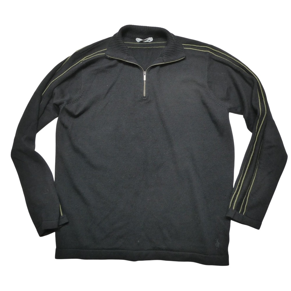 SmartWool Sweater Mens Large Black 100% Merino Wool 1/2 Zip‎ Mock Neck Striped
